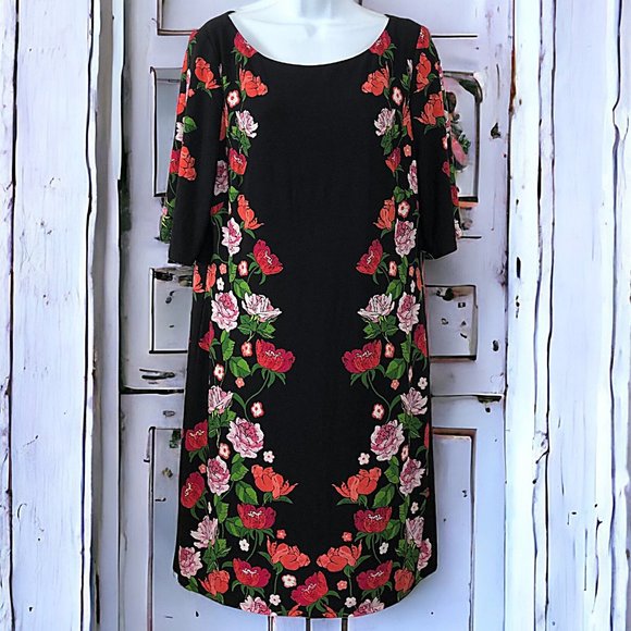 Jessica Howard Black Pink Floral Short Sleeve Lined Dress Size 14 - Picture 1 of 7